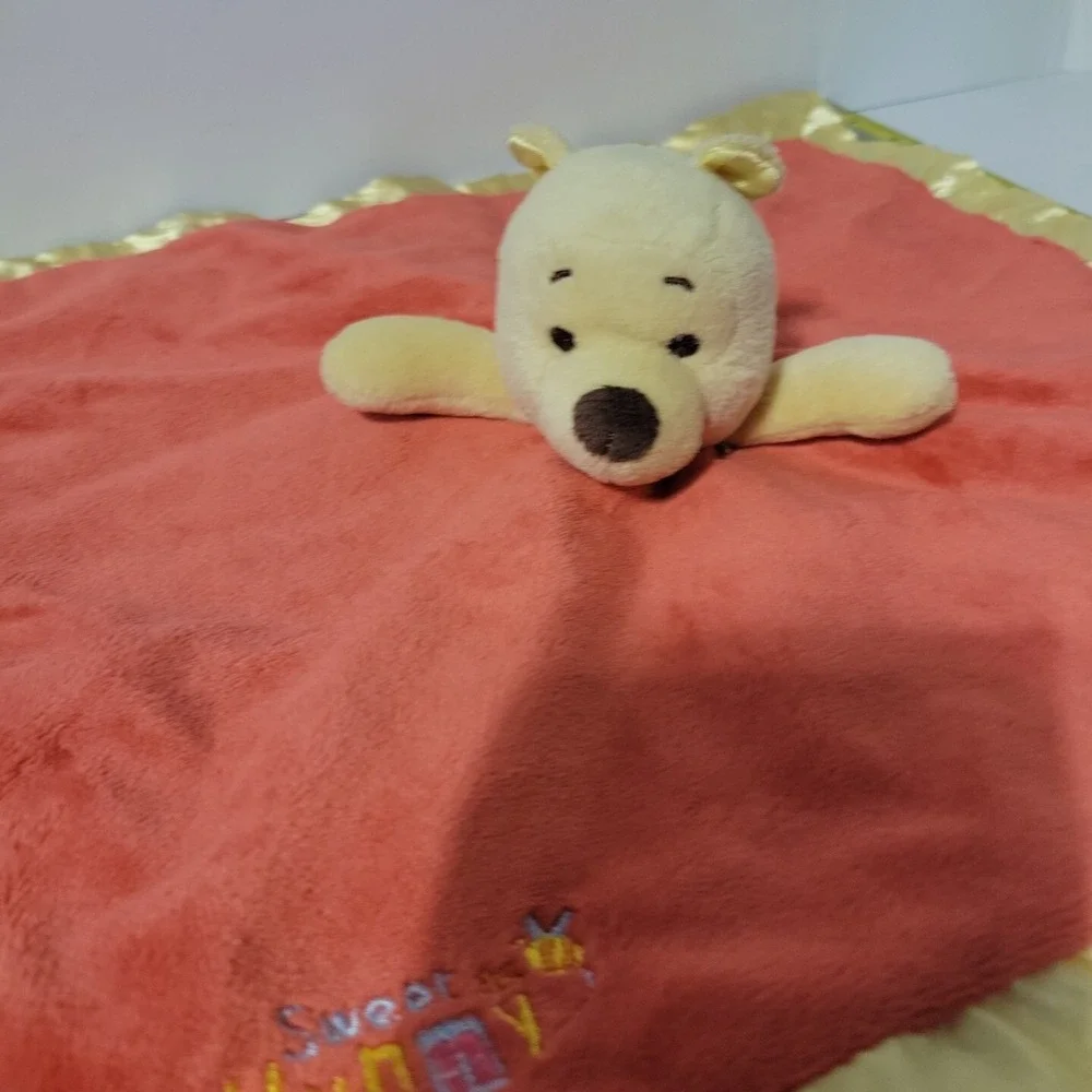Disney Winnie the Pooh SWEET AS HONEY Red Lovey‎ Yellow Teether Plush Satin Edge